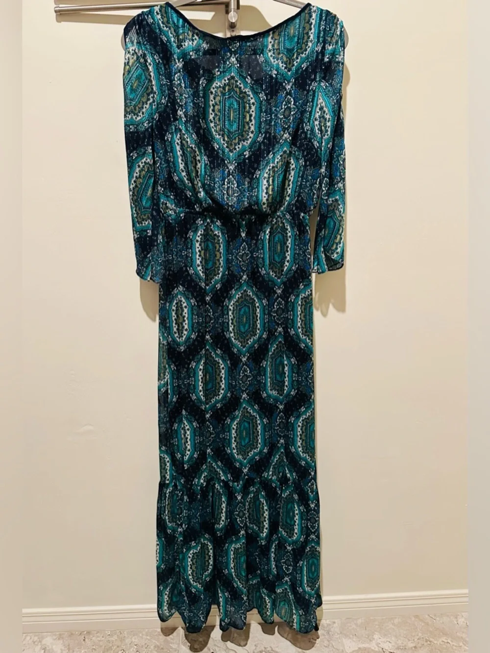ECI Teal and Navy Printed Maxi Dress with Tie Neck - Picture 2 of 6